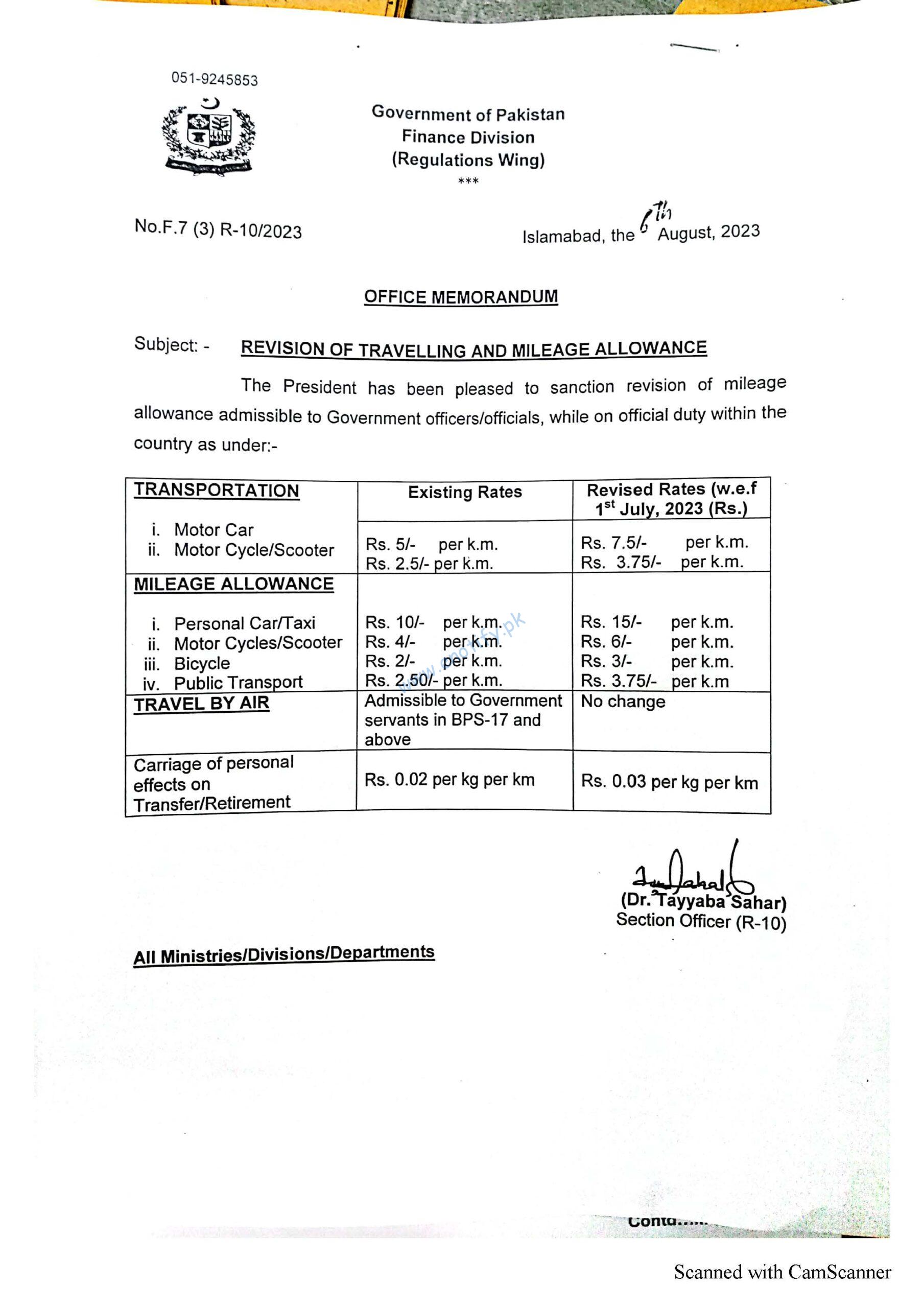 Travelling Mileage Allowance Revision Notification 2023 of Federal Govt