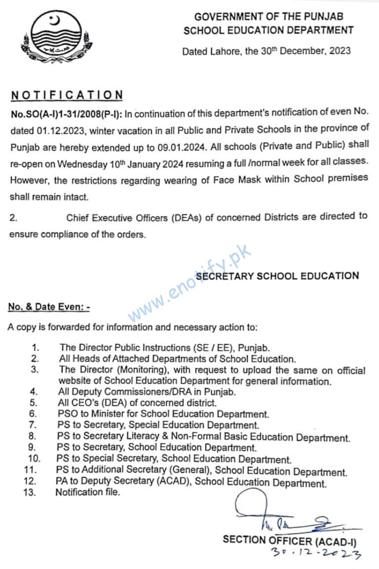 Winter Vacation Extension Notification Upto 9th Jan 2024 of Schools and Colleges in Punjab