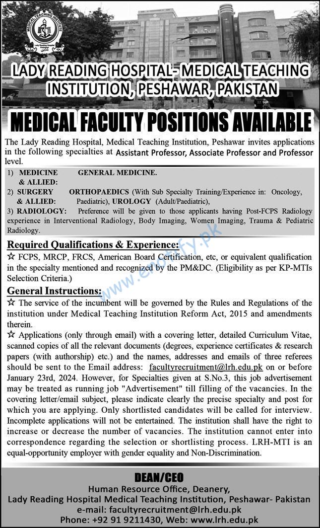 Lady Reading Hospital Medical Teaching Institute Peshawar Jobs 2024