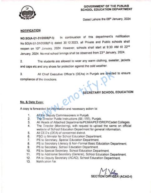 School Opening Notification of Education Department Punjab