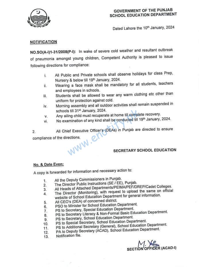 10-01-2024 Prep Nursery Winter Holidays Notification 10-01-2024 of Punjab School Department