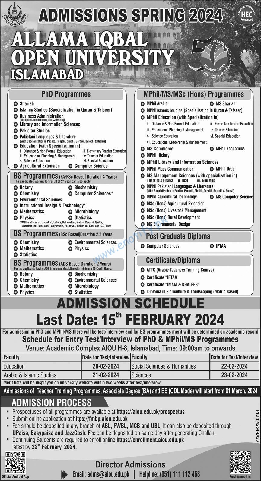 15-01-2024 Express Newspaper AIOU Admissions Spring 2024 For PhD MPhil MS BS Programs Last date 15-02-2024