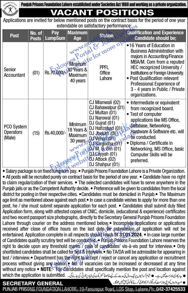 18-01-2024 Express Newspaper Punjab Prisons Foundation Jobs in Punjab Last Date 31-01-2024