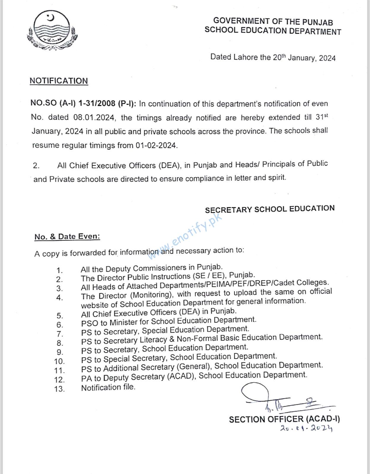 20-01-2024 School Opening Time Extensions Notification of Punjab Education Department
